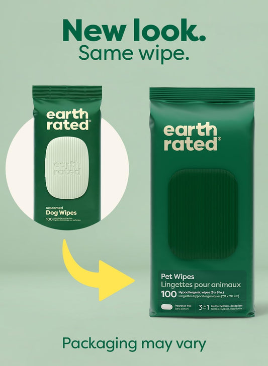 Earth Rated Pet Wipes for Dogs and Cats, Hypoallergenic, 3-in-1 Cleaning, Deodorizing and Hydrating, for Grooming Paws, Body and Butt, Unscented, 100 Count