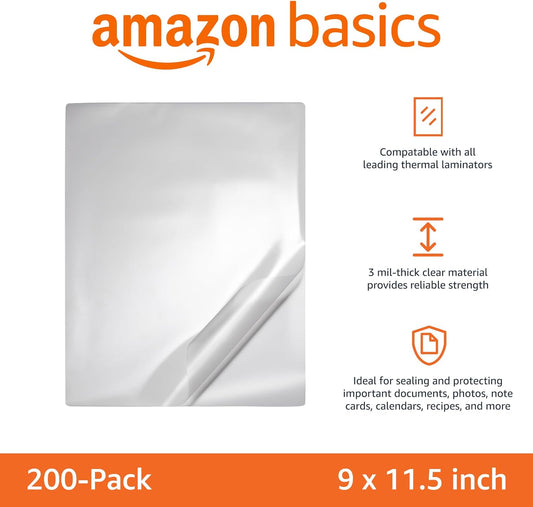 Amazon Basics Clear Thermal Laminating Plastic Paper Laminator Sheets, 9 x 11.5-Inch, 200-Pack, 2.8mil