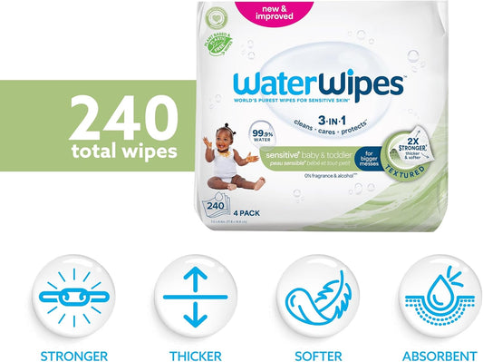 WaterWipes Sensitive+ Baby & Toddler Wipes, 3-In-1 Cleans, Cares, Protects, 99.9% Water, Textured Clean, Unscented & Hypoallergenic, 240 Count (4 Packs)