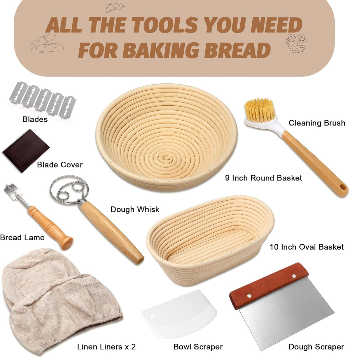 Sourdough Proofing Basket Gift Set, 9" Round and 10" Oval Banneton Bread Baking Supplies, Sourdough Baskets with Bread Lame, Danish Whish, Bowl Scraper, Sourdough Scraper, and Linen Liner