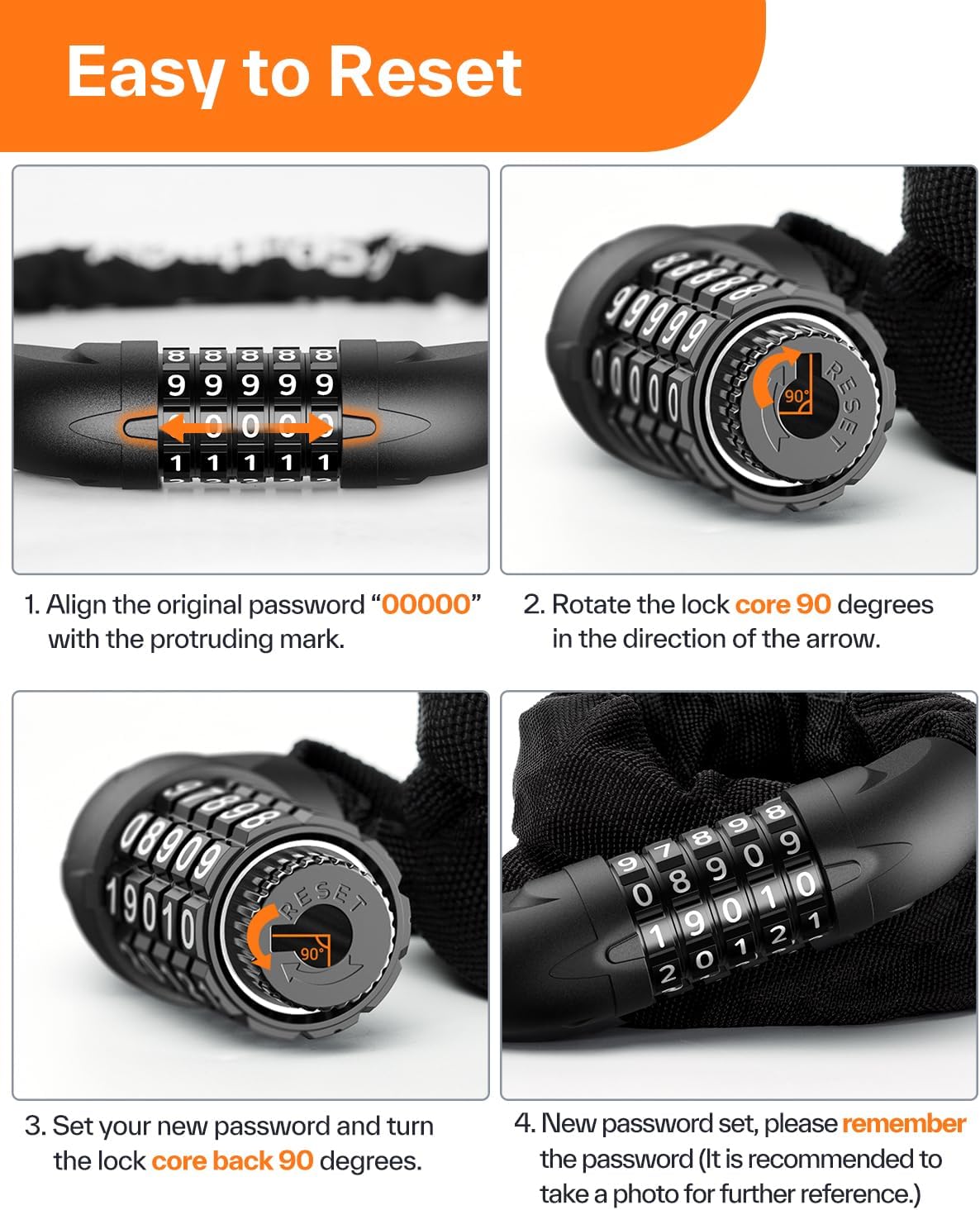 Sportneer Bike Lock: 5 Digit Combination High Security Anti Theft Bike Chain Lock - 3.2/3.6/4ft Heavy Duty Keyless Bicycle Lock for Bike, Motorcycle, Scooter, Door & Gate - 4/6mm Thick, Easy to Use