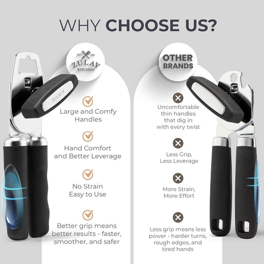 Zulay Kitchen Heavy Duty Stainless Steel Can Opener Manual with Bottle Opener - Rust Proof Manual Can Opener With Turn Knob & Comfy Soft Grip Handles - Black