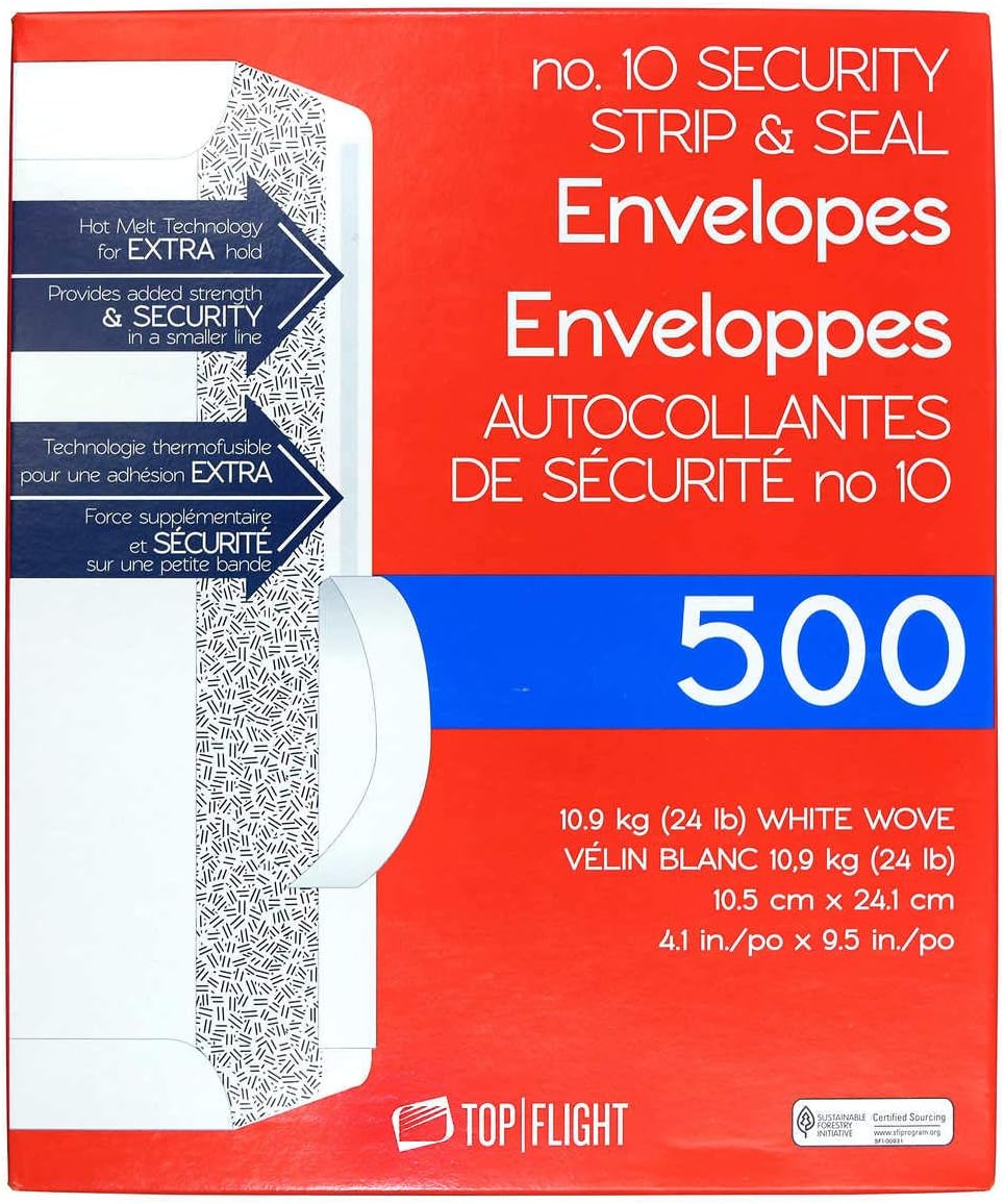 Top Flight PSTF10NWT #10 Envelopes, Strip & Seal, Security Tinted, White Paper, 24 lb, 500 Count