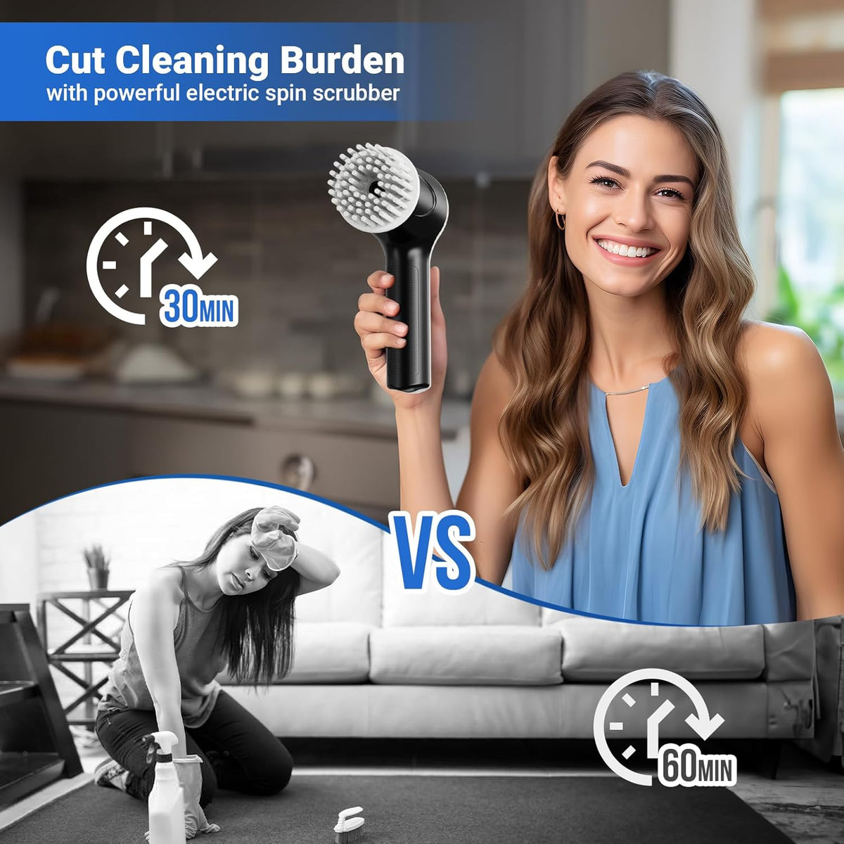 PUFTEM Electric Spin Scrubber, Cordless Shower Scrubber with Battery Level Display, 2 Speeds Electric Scrubber for Cleaning with 6 Replaceable Heads, Cleaning Brush for Bathroom/Sink/Window