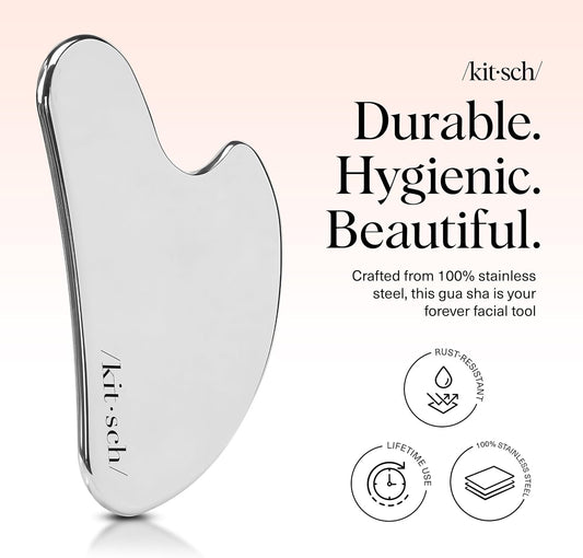 Kitsch Stainless Steel Gua Sha Facial Tools - Guasha Tool for Face, Face Sculpting Tool, Jawline Shaper, Double Chin Reducer, Body Gua Sha Tools, Lymphatic Drainage Massager, Facial Skin Care - Silver