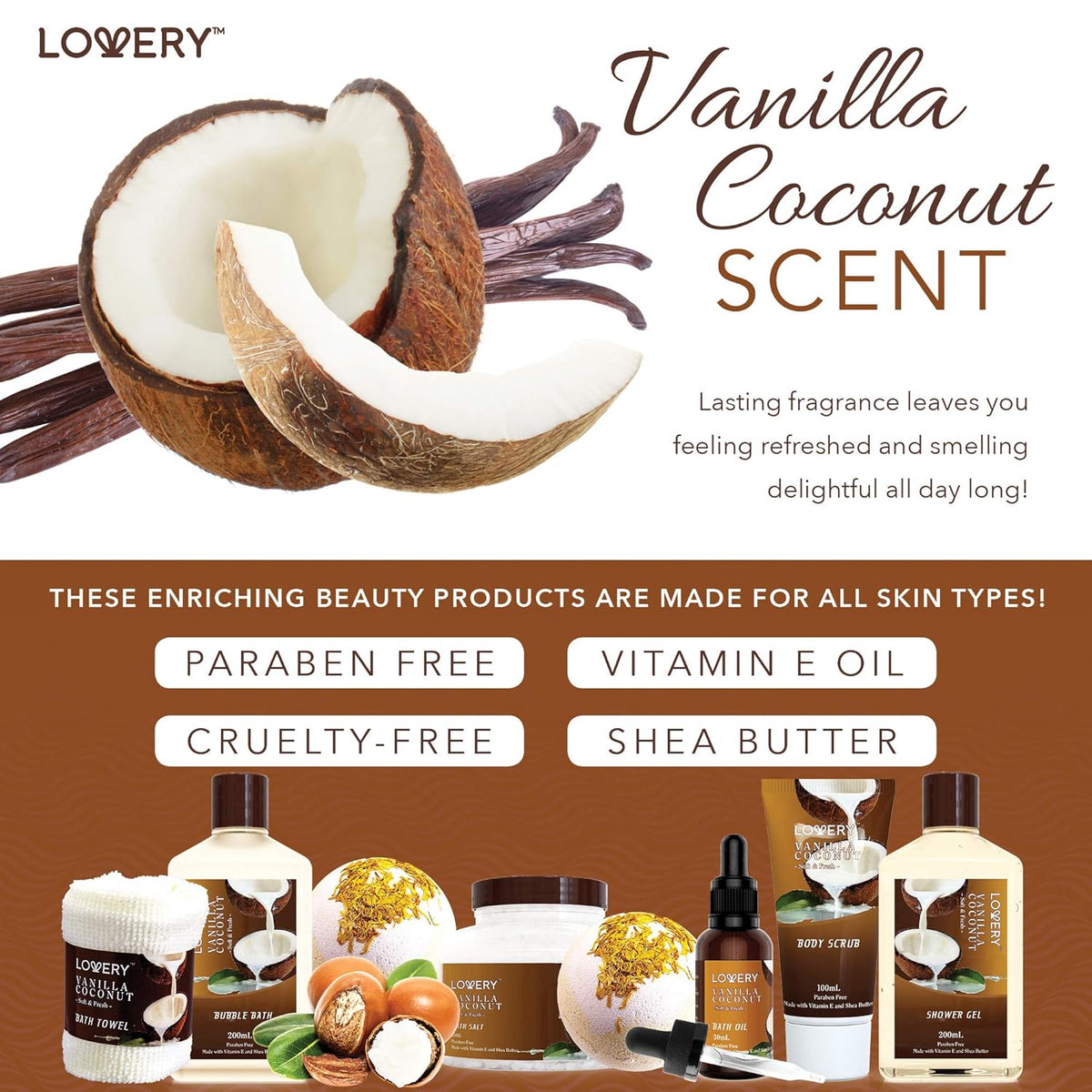 Gifts For Women Gift Basket for Womenβ 9 Piece Set of Vanilla Coconut Home Spa Set, Luxurious Gifts for Her, Bath and Body Sets Includes Fragrant Lotions, Large Bath Bombs, Coconut Oil