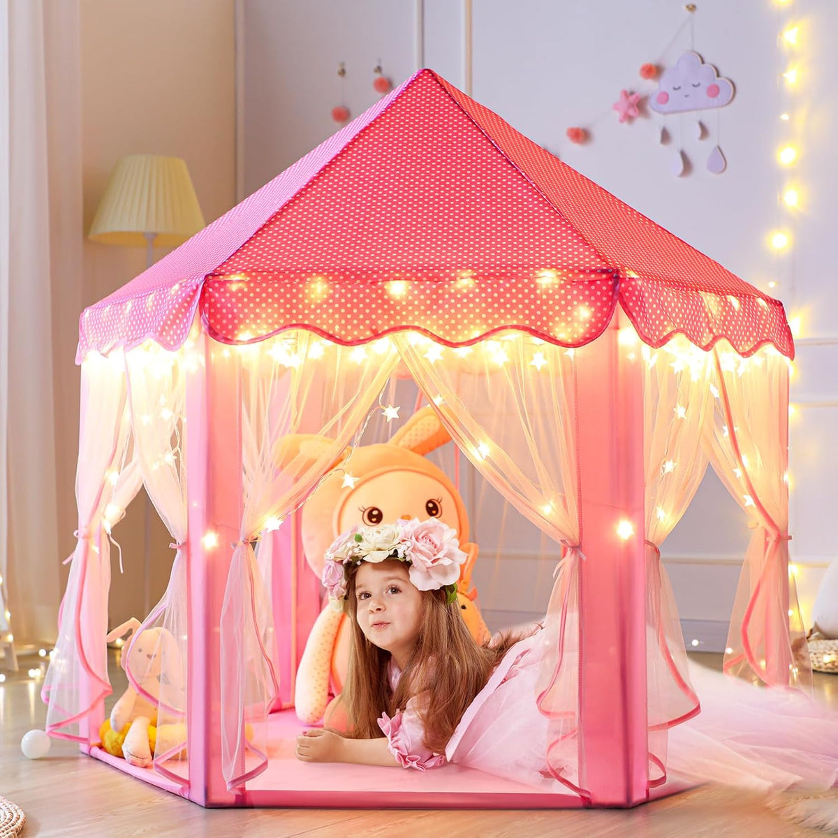 Monobeach Princess Tent Girls Large Playhouse Kids Castle Play Tent with Star Lights Toy for Children Indoor and Outdoor Games, 55'' x 53'' (DxH)