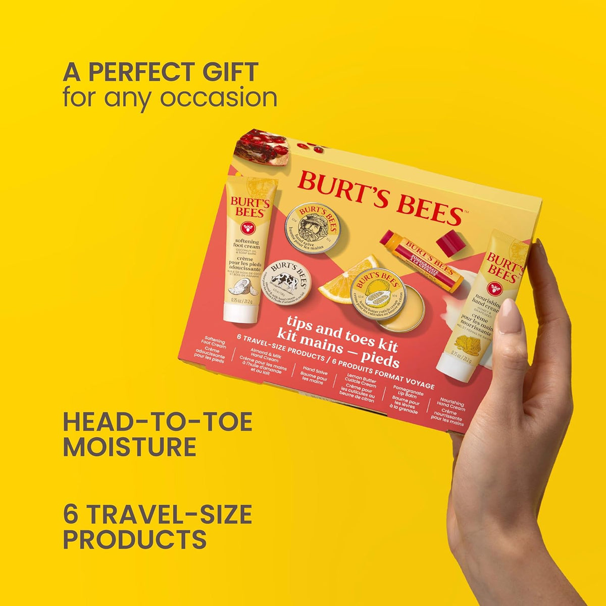 Burt's Bees Gifts Ideas, Tips and Toes Kit, 6 Travel Size Products - Pomegranate Moisturizing Lip Balm, 2 Hand Creams, Foot Cream, Cuticle Cream, and Hand Salve