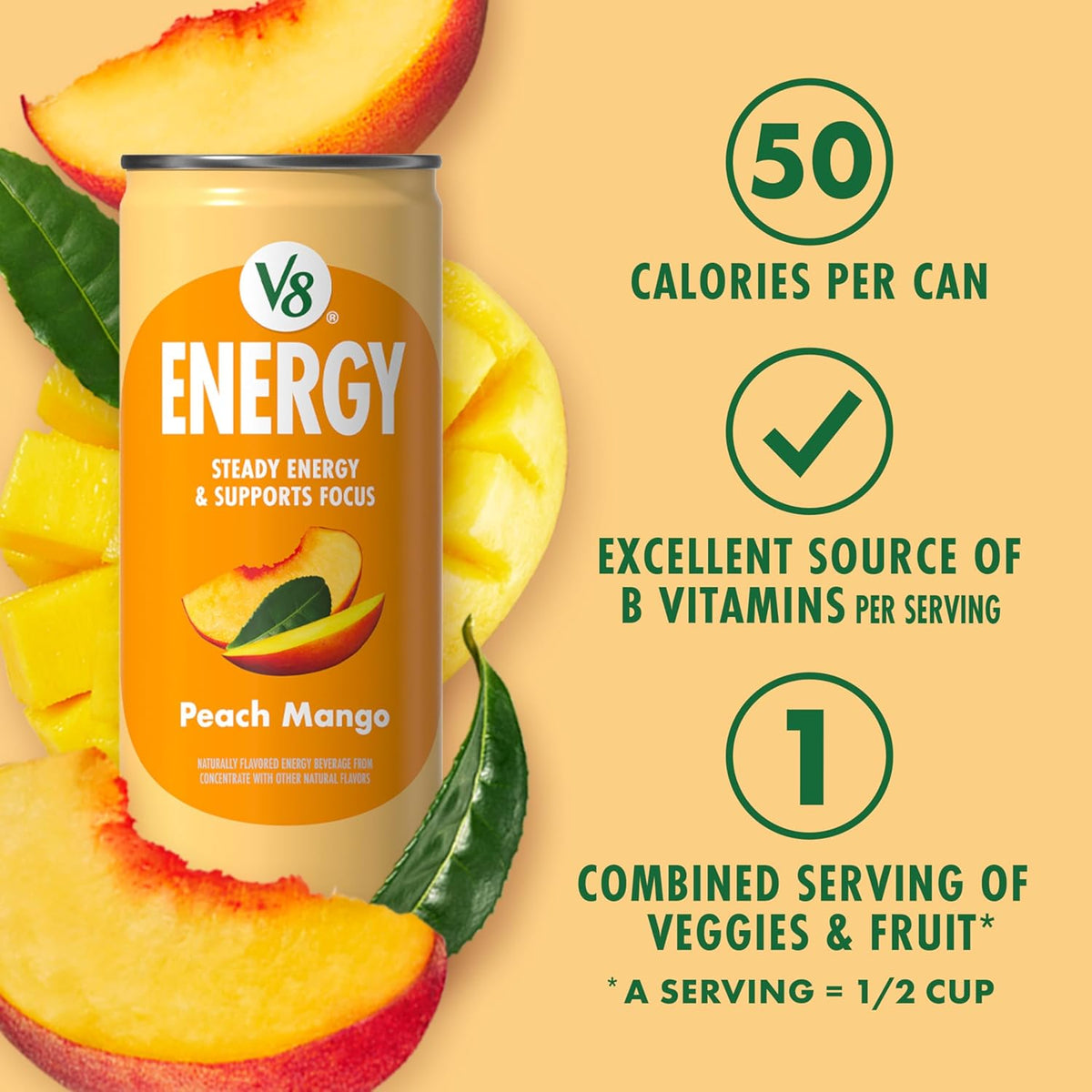 V8 Energy Peach Mango Energy Drink, 8 fl oz Can (24 Pack)