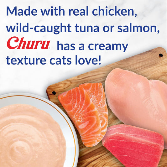 INABA Churu Cat Treats, Grain-Free, Lickable, Squeezable Creamy Purée Cat Treat/Topper with Vitamin E & Taurine, 0.5 Ounces Each Tube, 50 Tubes, Tuna & Chicken Variety