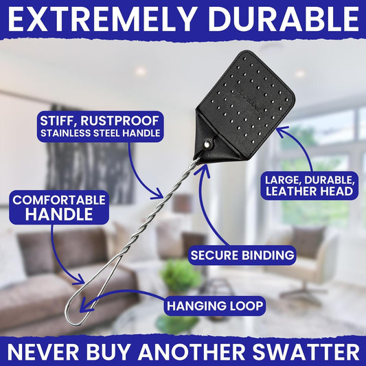 2 Leather Fly Swatter for Indoors. Long Handle, Heavy Duty Fly Swatter Manual Multi Pack. Flyswatters Heavy Duty Flyswatter 2 pack. Flies Swater Includes 4 Sticky Window Bug Traps. Mata Moscas Outdoor