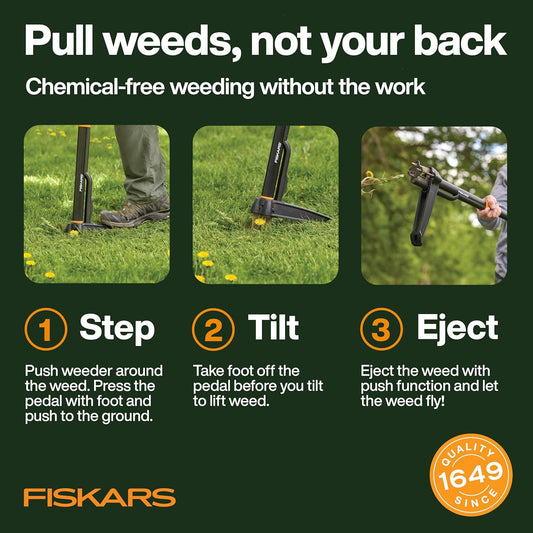 Fiskars Stand-Up Weed Puller Tool, 4 Serrated Stainless Steel Claws Grip Roots for Permanent Removal, Reinforced Foot Platform Penetrates Tough Soil, Easy-Eject & Ergonomic Offset Handle, 39"