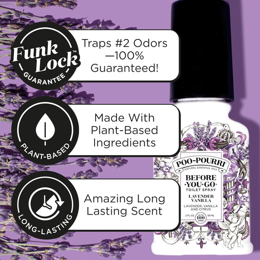 Poo-Pourri Before-You-Go Toilet Spray, Lavender Vanilla, 2 Fl Oz, Up to 100 Uses, Bathroom Odor Deodorizer with Essential Oils for Home or Work, Travel Essentials, TSA Approved Size