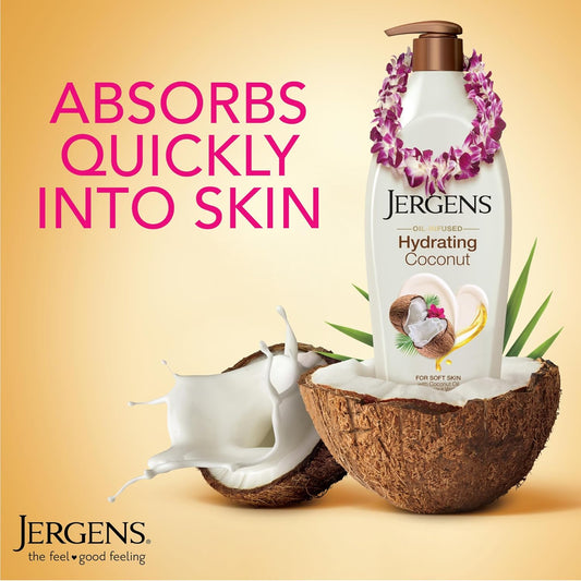 Jergens Hydrating Coconut Body Lotion, Hand and Body Moisturizer, Infused with Coconut Oil, Hydrates Dry Skin Instantly, Dermatologist Tested, 16.8 oz