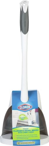 Clorox Toilet Plunger and Bowl Brush Combo with Caddy, 6.75 x 7 x 19.5 in, White/Gray