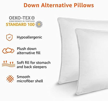 Amazon Basics Down Alternative Pillow for Back Side Sleepers, Medium Density, Standard Size, 26" x 20", 2-Pack, White