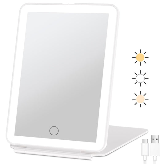 FUNTOUCH Rechargeable Travel Makeup Mirror with 72 Led Lights, Portable Lighted Beauty Mirror, 3 Color Lighting, Dimmable Touch Screen, Tabletop LED Folding Cosmetic Vanity Mirror