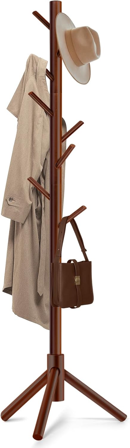 Solid Wooden Coat Rack Freestanding, New Zealand Pine Coat Tree with 8 Hooks & 3 Adjustable Sizes for Coats, Hats, Handbags and Scarves, Space Saving for Entryway/Office/Bedroom (Brown)