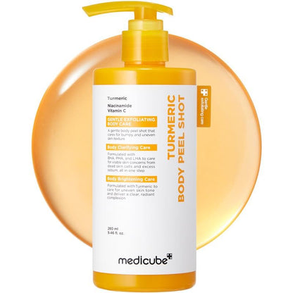 medicube Body Peel Shot with Kojic Acid and Turmeric | Gentle Body Brightening & Exfoliating Serum with BHA, LHA & PHA for Dead Skin Cells, Uneven Looking Skin & Excess Sebum | 9.46 fl.oz