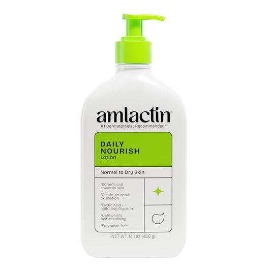 AmLactin Daily Nourish Therapeutic Body Lotion for Dry Skin - No-Scrub Exfoliator and Moisturizer 12% Lactic Acid Lotion, 14.1 oz (Packaging May Vary)