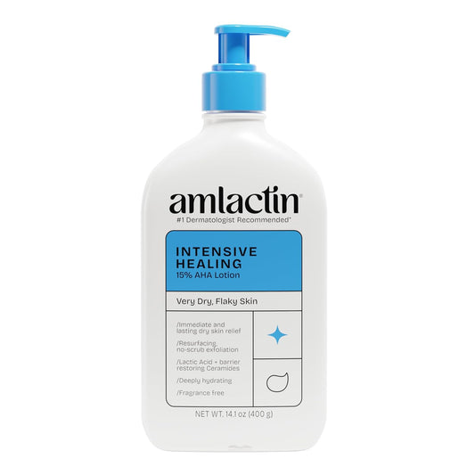 AmLactin Intensive Healing Body Lotion - Therapeutic Lotion for Extremely Dry Skin - No-Scrub Exfoliator and Moisturizer with 15% Lactic Acid AHA and Ceramides, 14.1 oz (Packaging May Vary)