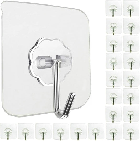 Jwxstore 24 Pack Self Adhesive Hooks Heavy Duty - 33lb Max, Transparent, Waterproof, Sticky Wall Hooks for Keys, Bathroom, Shower, Outdoor, Kitchen, Door, Home Improvement, Utility Hooks