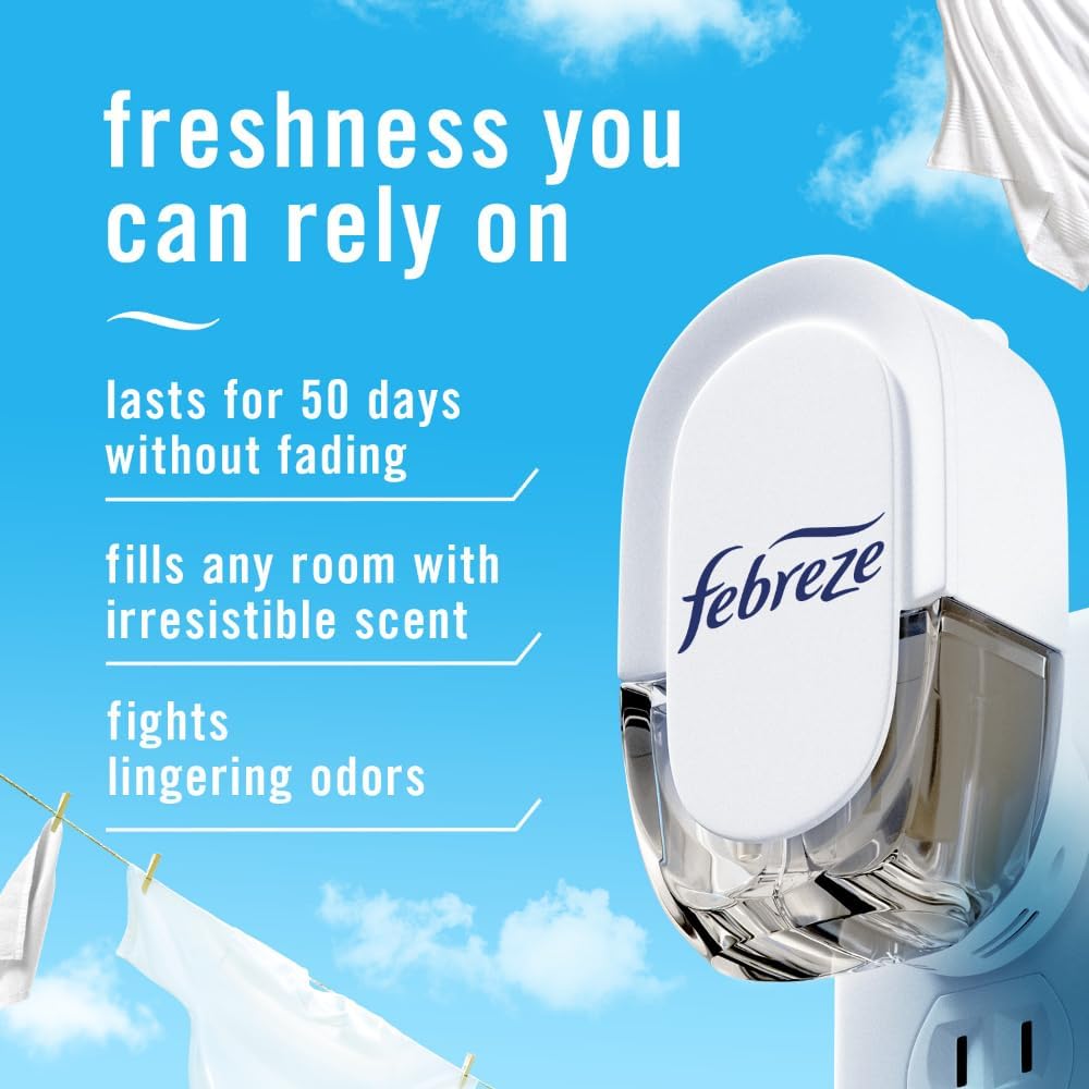 Febreze Plug-In Air Freshener, Odor-Fighting Scented Oil Refill, Air Fresheners for Home and Bathroom and Kitchen, Long Lasting for Strong Odors, Linen & Sky Scent, 0.87oz Refills, 3 Count (Pack of 1)