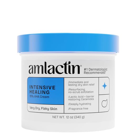 AmLactin Intensive Healing - Therapeutic Body Cream for Extremely Dry Skin - No-Scrub Exfoliator and Body Moisturizer Cream with 15% Lactic Acid AHA and Ceramides, 12 oz (Packaging May Vary)