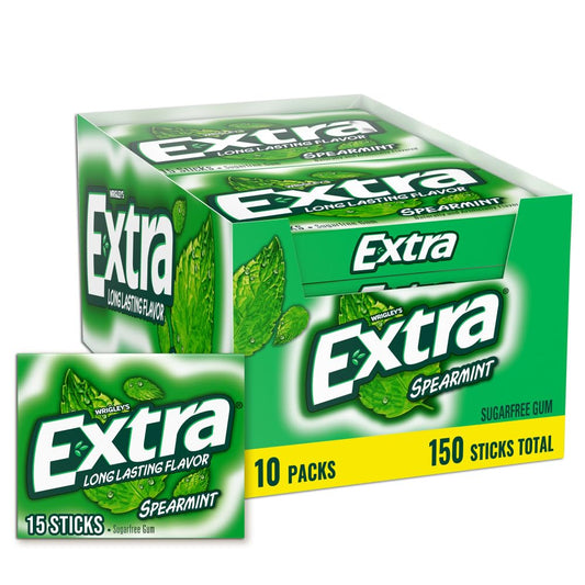 Extra Gum Spearmint Sugarfree Gum Bulk, Individually Wrapped, Perfect for Long Lasting Fresh Breath at School, Work & Travel 15 Count, Pack of 10