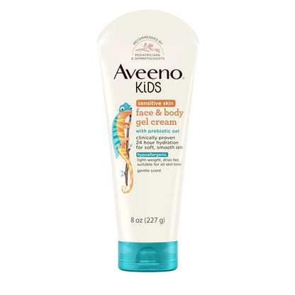Aveeno Sensitive Skin Face & Body Gel Cream for Kids with Prebiotic Oat, Clinically Proven 24 Hour Hydration for Soft Skin, Quick Drying and Lightweight, Hypoallergenic, 8 oz