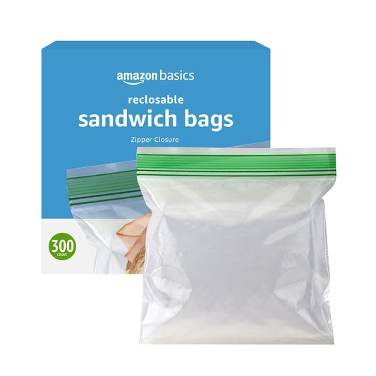 Basics Resealable Double Zipper Sandwich Storage Bags for Food Storage, 300 Count (Previously Solimo)