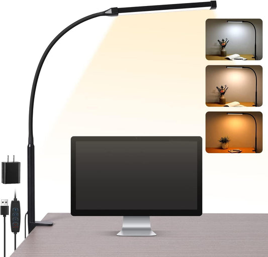 Voncerus LED Desk Lamp with Clamp, Eye-Caring Clip on Lights for Home Office, 3 Modes 10 Brightness, Long Flexible Goose-Neck, Metal, Swing Arm Architect Task Table Lamps with USB Adapter, Black
