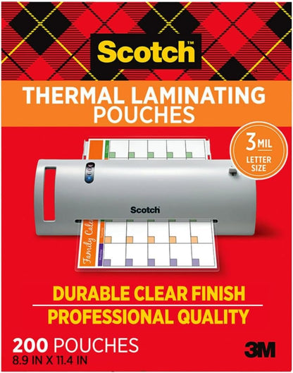 Scotch Thermal Laminating Pouches, 200 Count, Clear, 3 mil., Ideal Office or School Supplies, Fits Letter Sized Paper (8.9 in. × 11.4 in.)