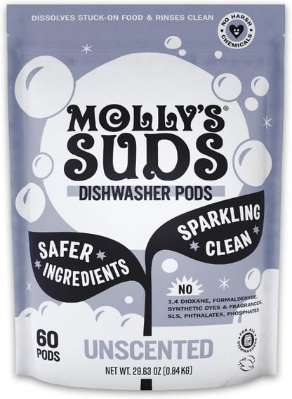 Molly's Suds Dishwasher Pods | Clean Dishwasher Detergent, Cuts Grease & Rinses Clean (Residue-Free) for Sparkling Dishes | 60 Auto-Release Tabs (Unscented)