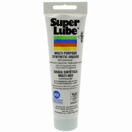 Super Lube Multi-Purpose Synthetic Grease w/ Syncolon - High Temperature, Water & Corrosion Resistant Grease - Workshop & Industrial Use - Food Grade - Translucent White - Tube - 3 oz (21030)