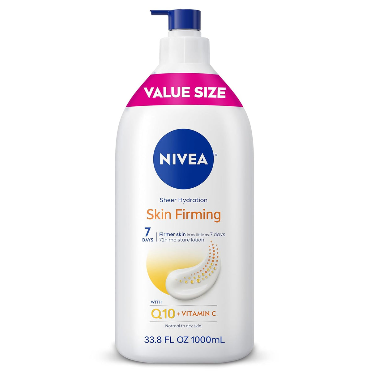 NIVEA Sheer Hydration Skin Firming Body Lotion with Q10 and Vitamin C, 72-Hour Body Moisturizer for Normal to Dry Skin, 33.8 Fl Oz Value Size Pump Bottle