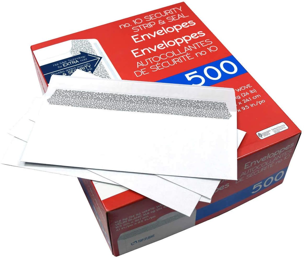 Top Flight PSTF10NWT #10 Envelopes, Strip & Seal, Security Tinted, White Paper, 24 lb, 500 Count