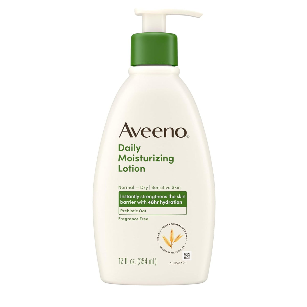 Aveeno Daily Moisturizing Body Lotion with Soothing Prebiotic Oat, Gentle Lotion Nourishes Dry Skin With Moisture, Paraben-, Dye- & Fragrance-Free, Non-Greasy & Non-Comedogenic, 12 fl. Oz