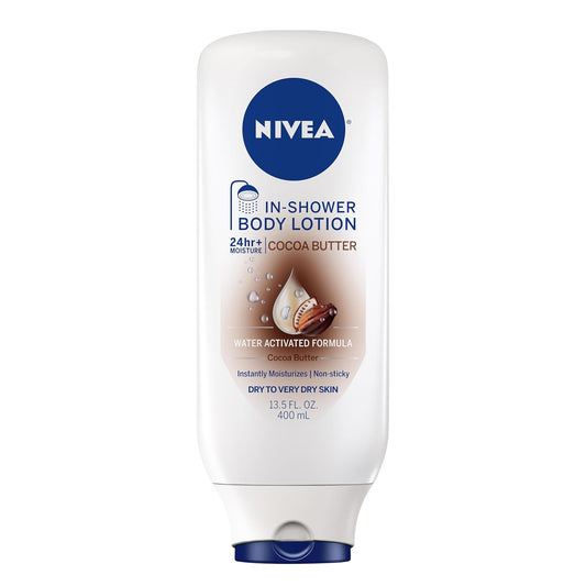 NIVEA Cocoa Butter In Shower Lotion, Water Activated In Shower Moisturizer for Dry Skin to Very Dry Skin, 13.5 FL OZ Bottle