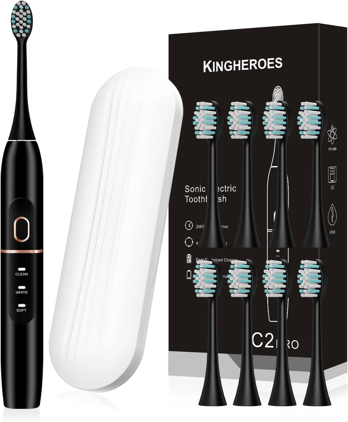 kingheroes Electric Toothbrush Set, Comes with 8 Brush Heads & Travel Case,4 Modes with 2 Minutes Built in Smart Timer, One Charge for 60 Days, 42000 VPM Motor (Black)