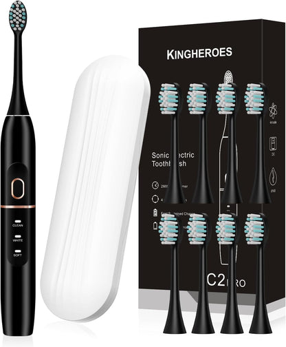 kingheroes Electric Toothbrush Set, Comes with 8 Brush Heads & Travel Case,4 Modes with 2 Minutes Built in Smart Timer, One Charge for 60 Days, 42000 VPM Motor (Black)