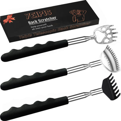 Yeipis 3 Pack Different Back Scratcher Metal Portable Telescoping with Rubber Handles, Extendable Back Massager Tool with Beautiful Box, Stocking Stuffers for Men Women Christmas Presents(Black)