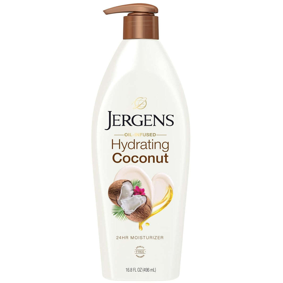 Jergens Hydrating Coconut Body Lotion, Hand and Body Moisturizer, Infused with Coconut Oil, Hydrates Dry Skin Instantly, Dermatologist Tested, 16.8 oz