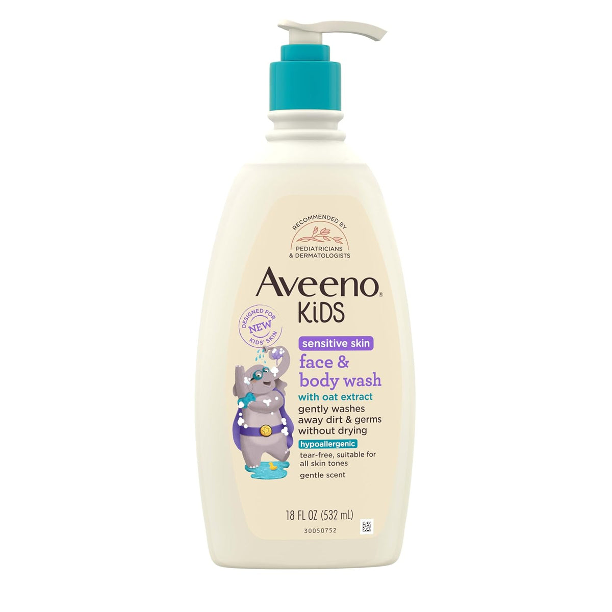Aveeno Kids Face & Body Wash for Sensitive Skin, Oat Extract, Tear-Free, Non-Drying, Light Scent, Pump Dispenser, Hypoallergenic, Sulfate & Dye Free, 18 fl oz