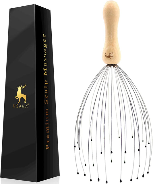 USAGA 32 Fingers Head Massager, Head Scratcher Scalp Massager, Stocking Stuffers Gift for Scalp Body Relaxing Wood Handle (1 Pack)
