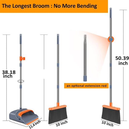 kelamayi Upgrade Broom and Dustpan Set, Self-Cleaning with Dustpan Teeth, Indoor&Outdoor Sweeping, Ideal for Dog Cat Pets Home Use, Stand Up Broom and Dustpan (Gray&Orange)