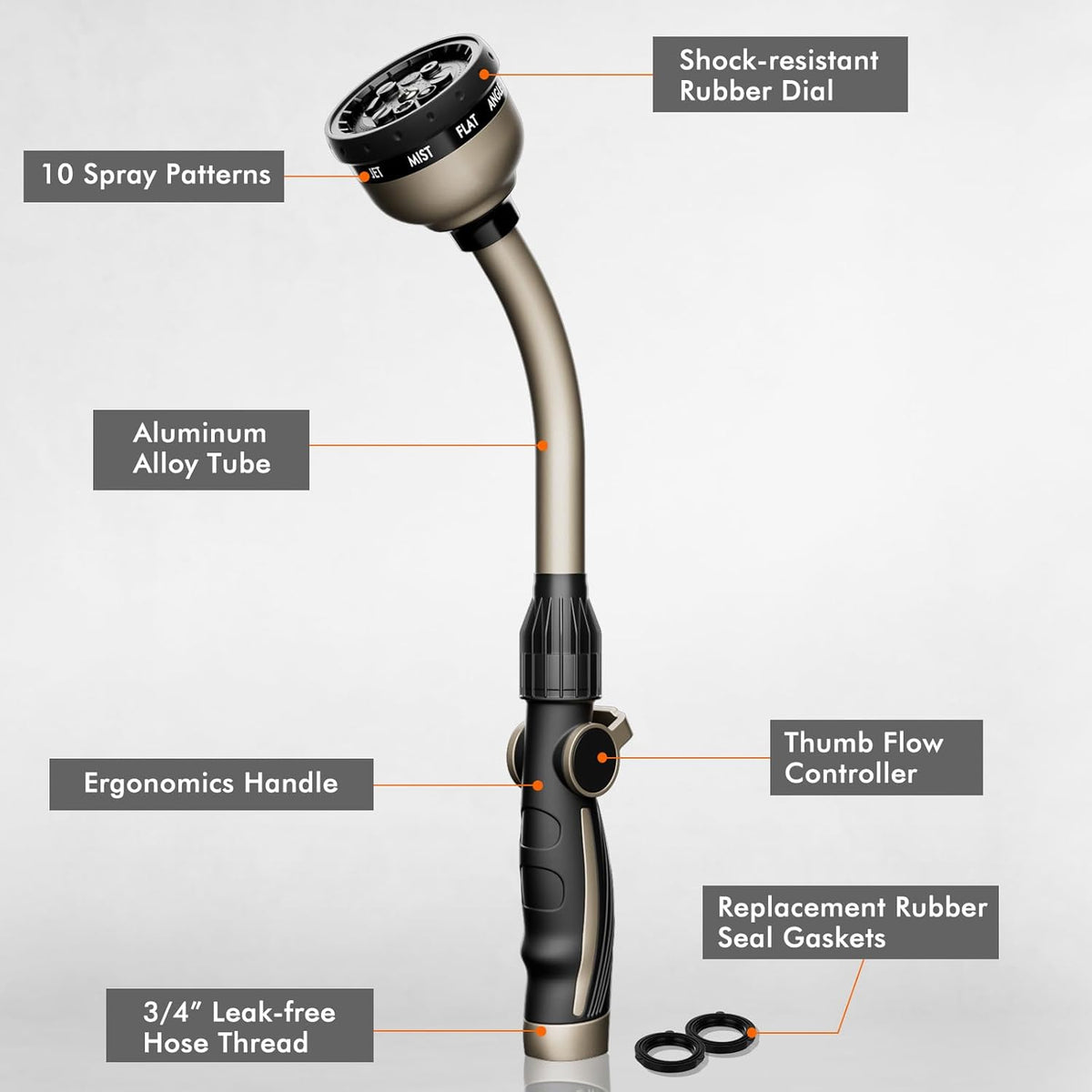 RESTMO Watering Wand Heavy Duty, Metal Garden Hose Wand with 10 Spray Patterns, 15-Inch Long Hose Nozzle Sprayer with Thumb Flow Control, Ideal to Water Hanging Baskets and Shrubs