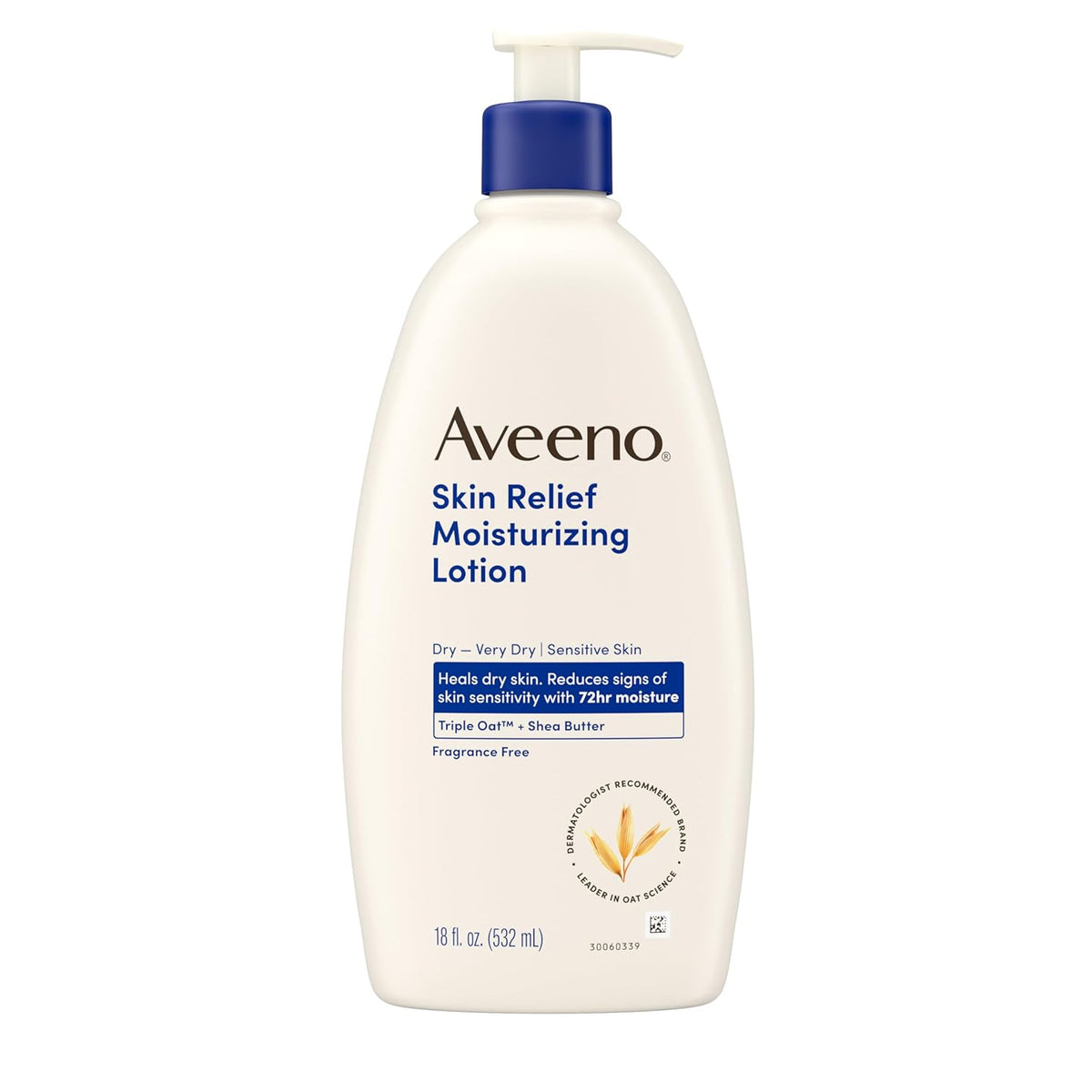 Aveeno Skin Relief Moisturizing Lotion Heals Very Dry, Sensitive Skin, Fast-Absorbing Body Lotion with Soothing Triple Oat & Shea Butter Formula, Fragrance Free, Non-Comedogenic, 18 fl. oz