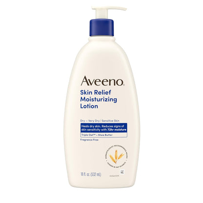Aveeno Skin Relief Moisturizing Lotion Heals Very Dry, Sensitive Skin, Fast-Absorbing Body Lotion with Soothing Triple Oat & Shea Butter Formula, Fragrance Free, Non-Comedogenic, 18 fl. oz