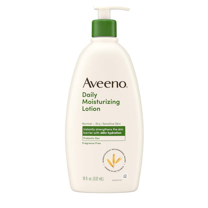Aveeno Daily Moisturizing Body Lotion, Body Lotion for Dry Skin with Prebiotic Oat, Paraben Free, Fragrance Free, Non-Greasy, Non-Comedogenic Moisturizer, 18 FL OZ